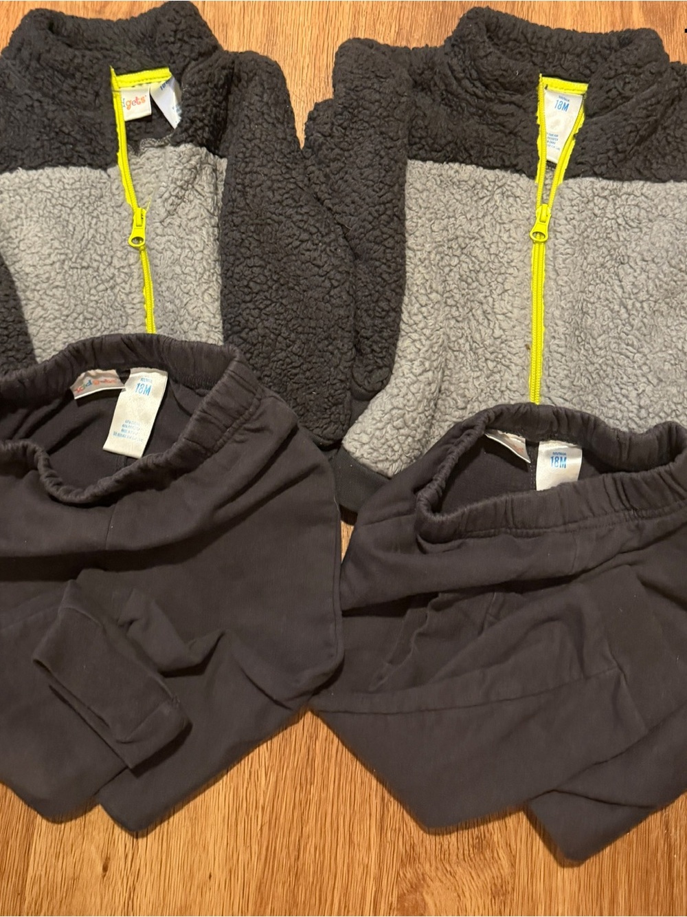 2 outfits Kidgets Gray and Black Sherpa Matching Set with Neon Yellow Zipper